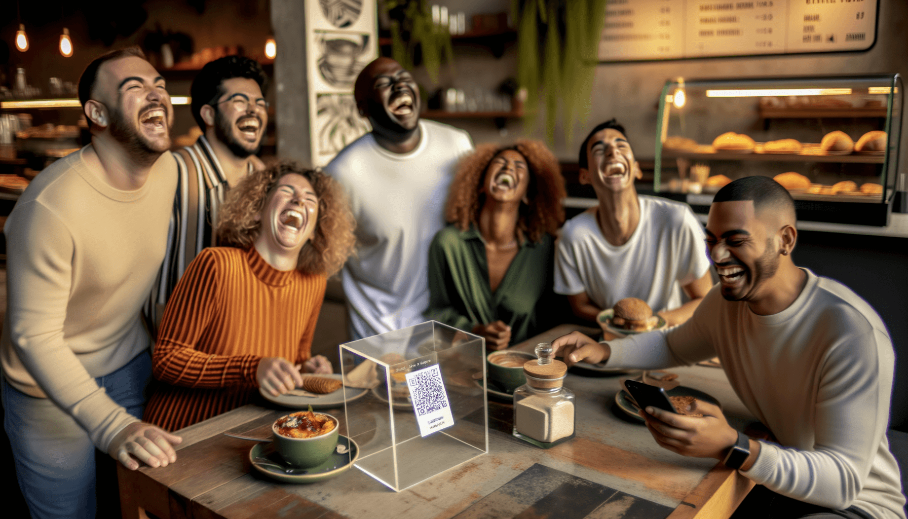 Happy customers scanning QR code