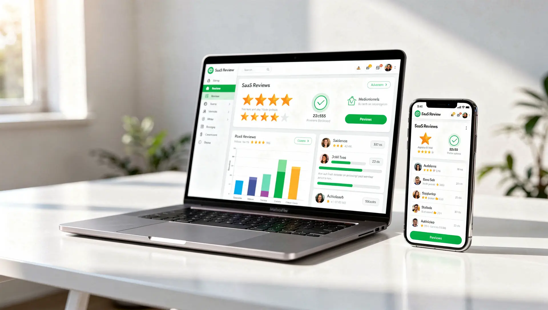 STELLAR Reviews Dashboard auf Laptop und Smartphone — Übersicht über Kundenbewertungen